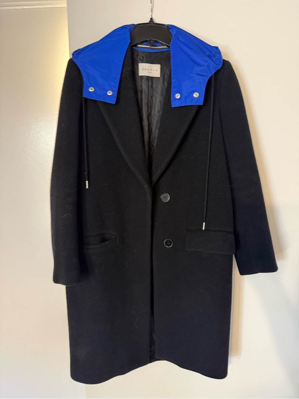 Sandro Black Coat with Detachable Blue Rain Hood Size 38